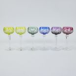 Val Saint Lambert set of 6 coloured crystal vases