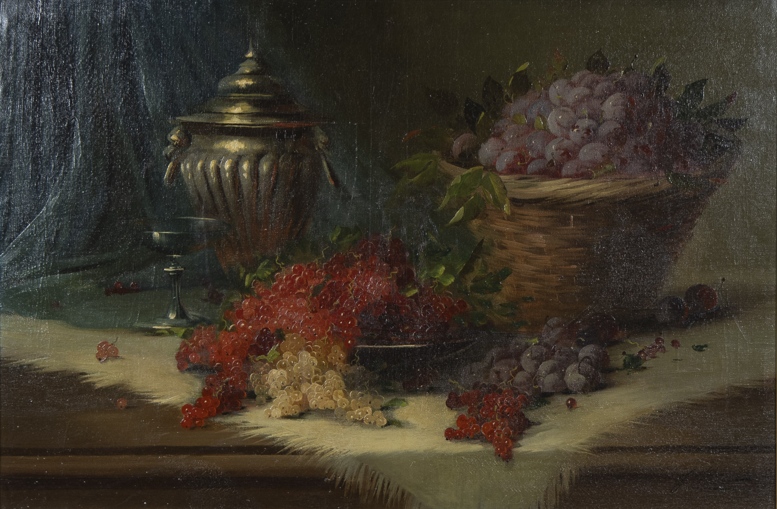 G. Olivier (Max CARLIER), oil on canvas Basket with plums and red and white berries, signed