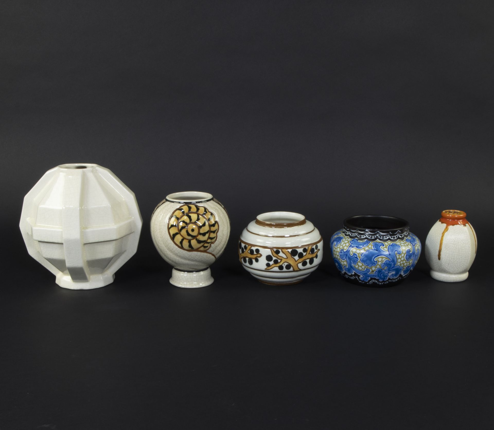 Collection of Art Deco vases of crackled and enamelled ceramics, Saint Clemant, Gouda, Céramique de