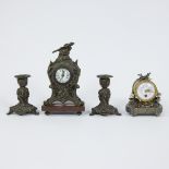 Fine bronze mantelpiece with 2 candlesticks and small bronze mantel clock with porcelain flowers, bo