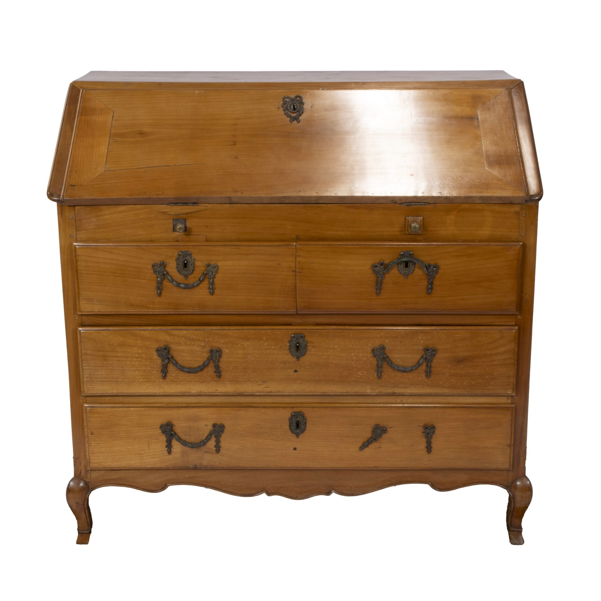 A French flap secretaire with 3 drawers decorated with 'garland' handles, interior comprising 7 smal