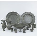Collection of old pewter, plates, jugs mustard vessel, vinegar jars
