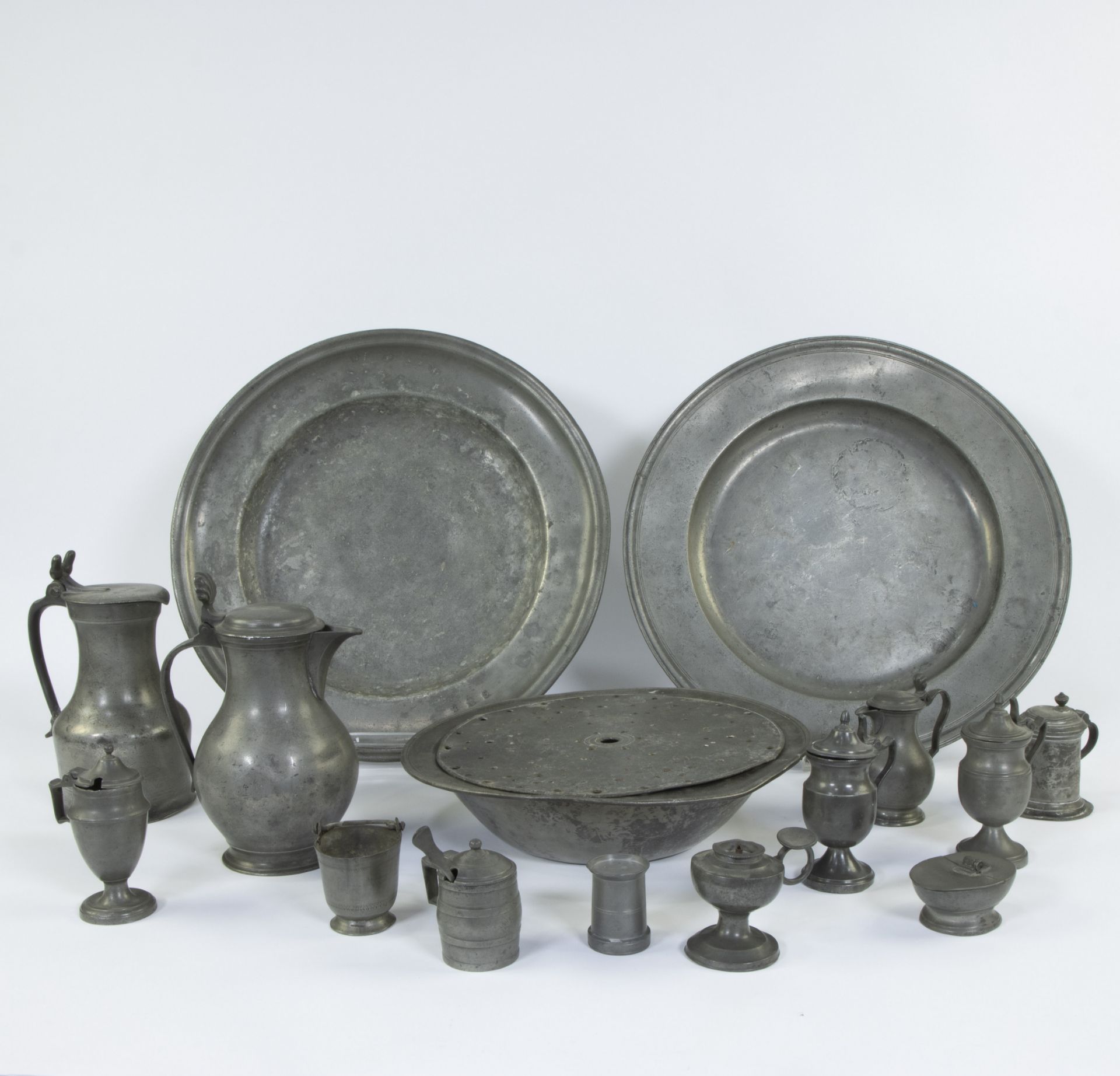 Collection of old pewter, plates, jugs mustard vessel, vinegar jars