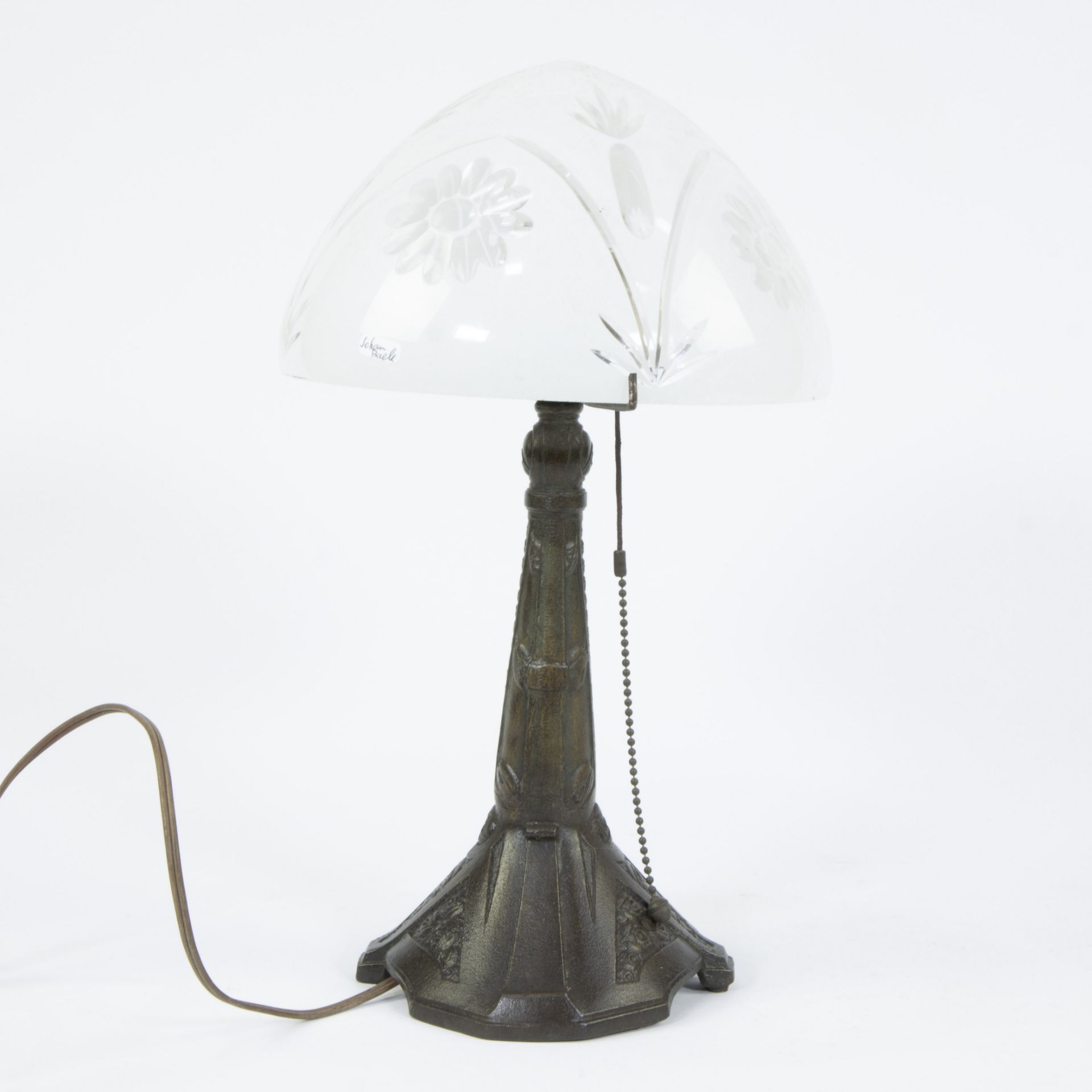 Art Deco mushroom lamp with bronze base and glass shade - Image 3 of 4