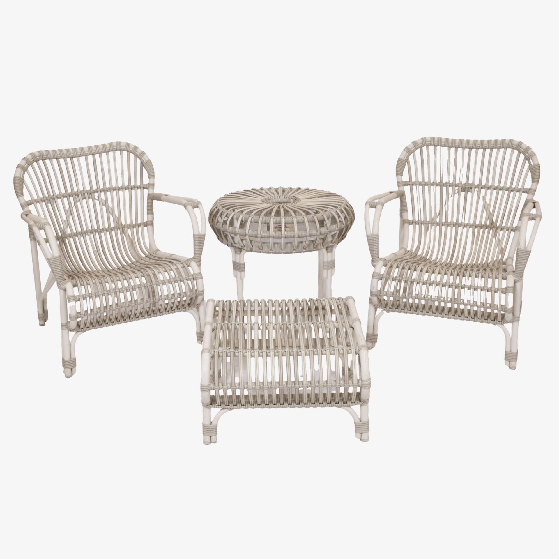 Metal garden set comprising 2 armchairs, table and footstool by Vincent Sheppard, marked