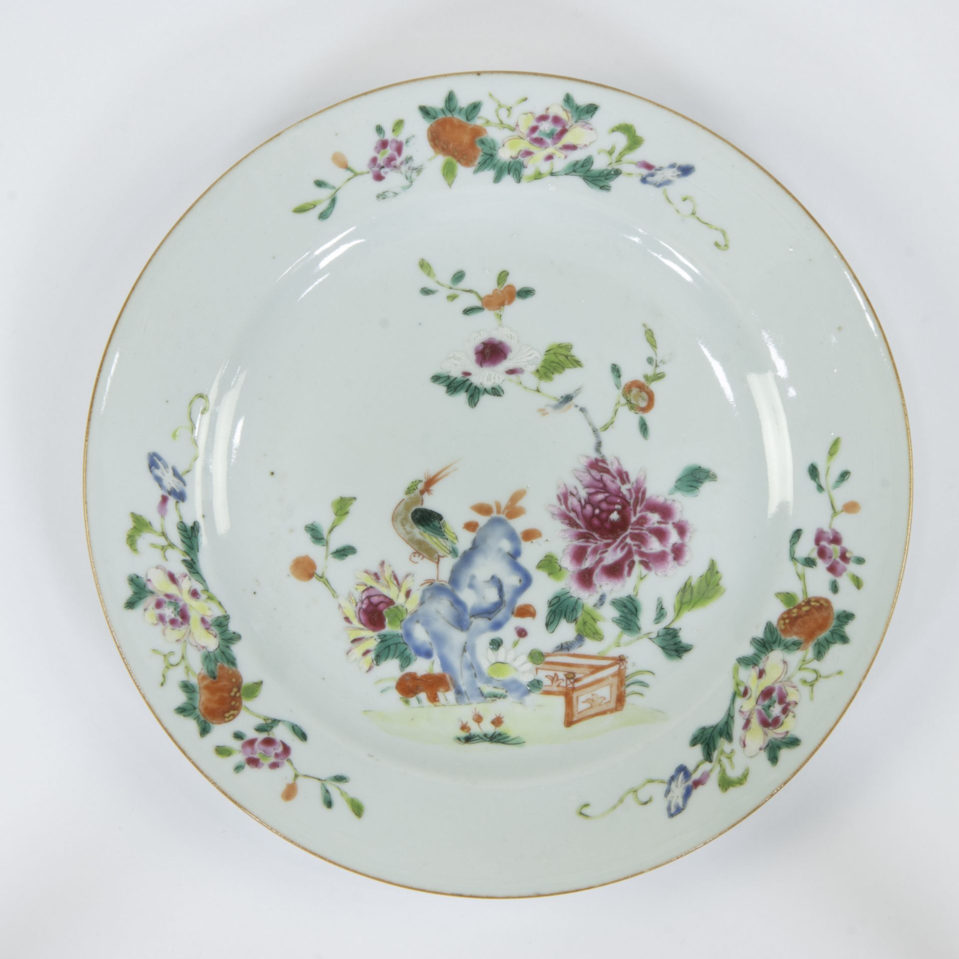 Chinese famille rose dinner plate and a smaller dish, the plate decorated with garden decor, an exot - Image 2 of 5