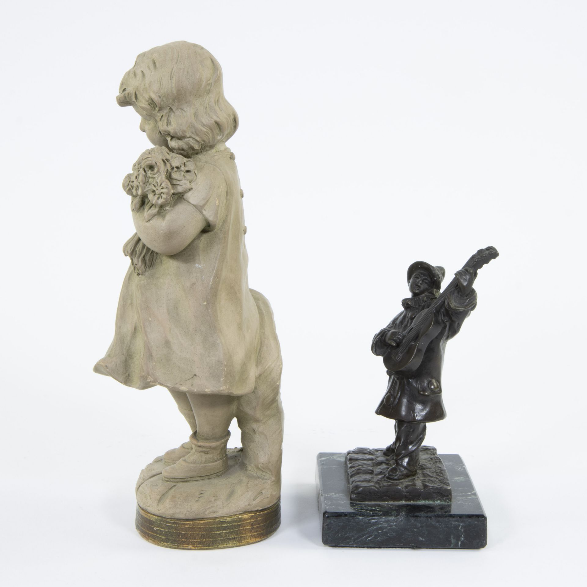 Collection of a bronze in black patina The musician, signed Rousseau and a terracotta figurine Flowe - Image 2 of 6
