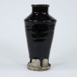Cylindrical tapered vase in brown stoneware with thick black glaze, Tenmoku glaze, China, HONAN, Min