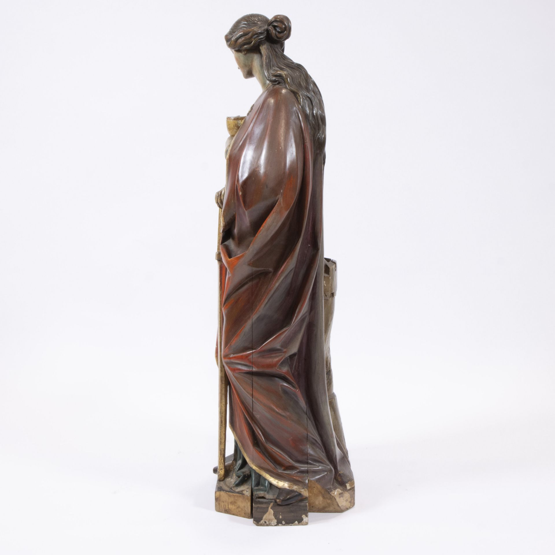 Beautiful full-round carved saint statue with intact polychromy of St Barbara, 19th century - Image 2 of 4