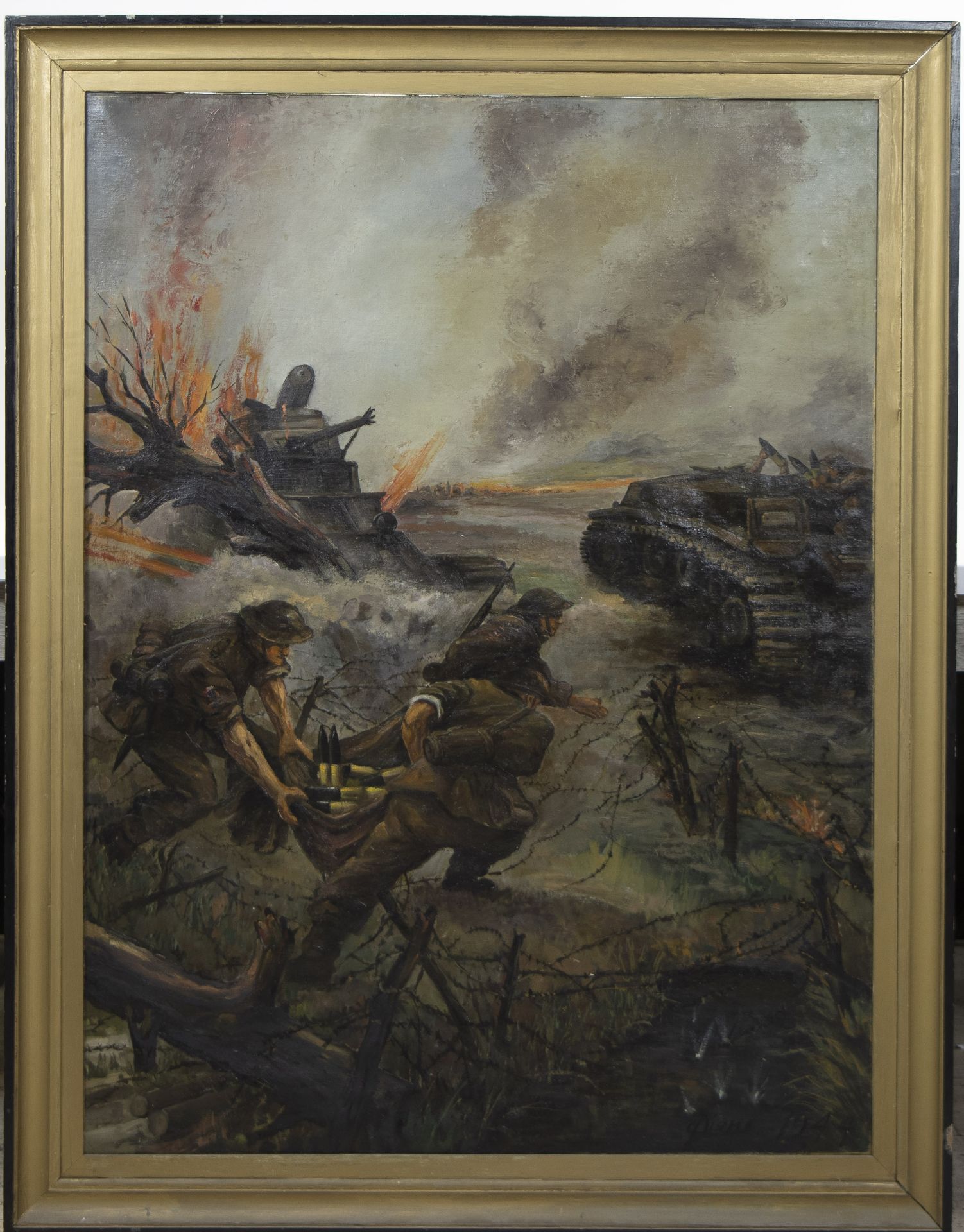 Oil on canvas Battlefield WWII English soldiers 'The last moment', signed and dated 1944 - Bild 2 aus 4