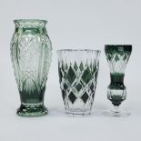 Val Saint Lambert, 3 green and clear cut crystal vases