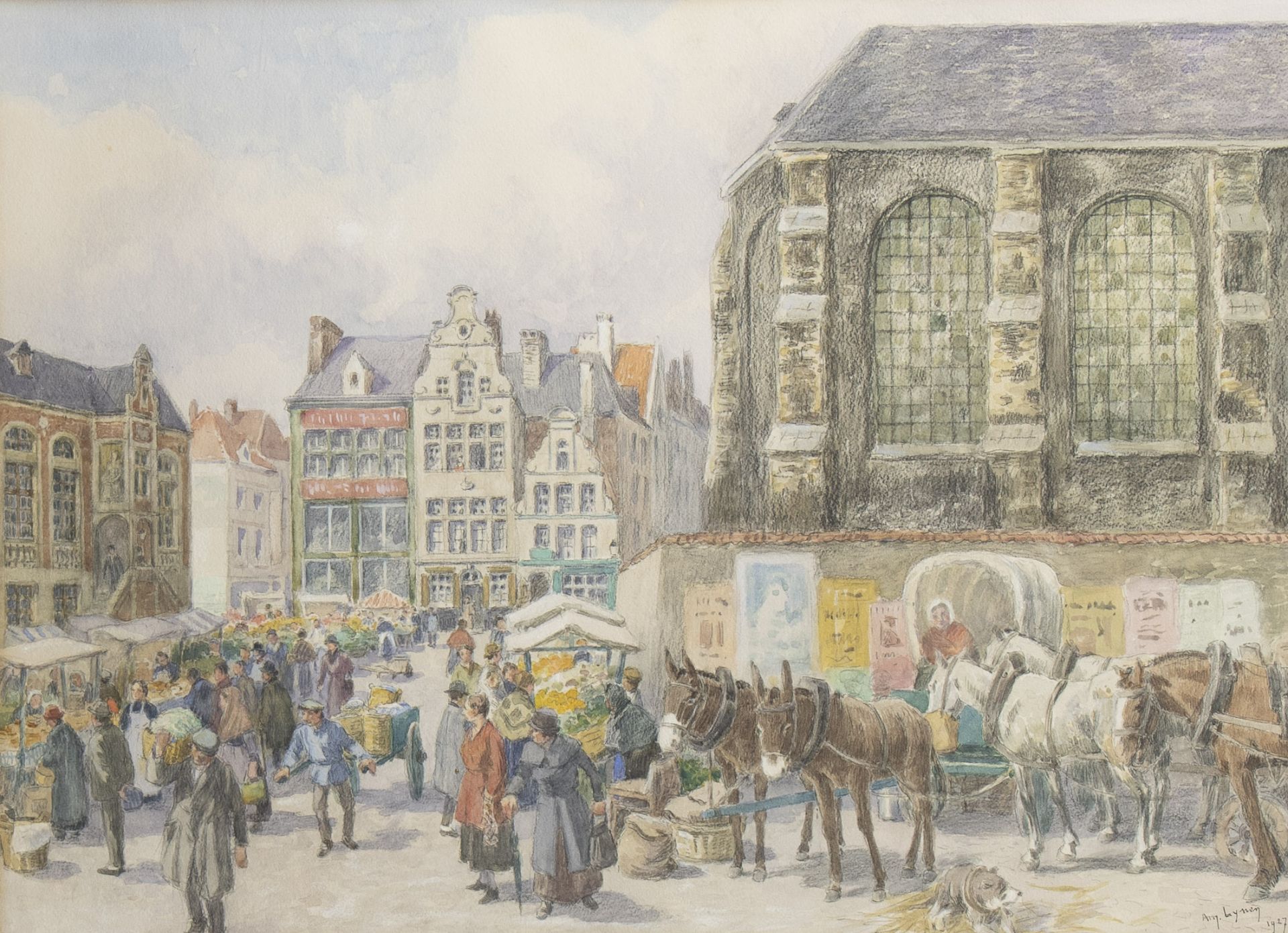 Amédée Ernest LYNEN (1852-1938), mixed media Place Saint-Catherine, signed and dated 1927
