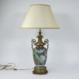 Japanese vase transformed into lampadaire with decor of peacock and flowers and rich bronze fittings