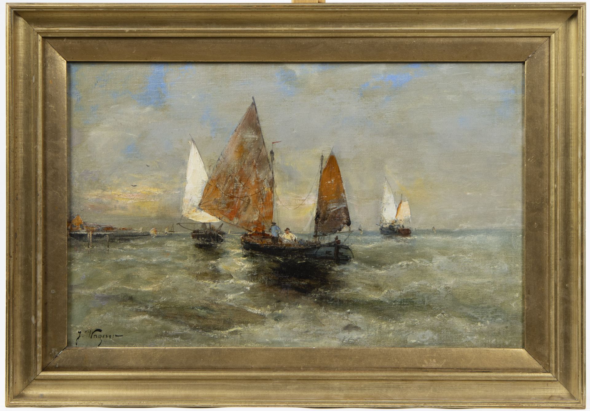 Georg FISCHHOF (1859-1914) (J. WAGNER), pendant oil on canvas Sailing boats on the water, signed - Bild 4 aus 9