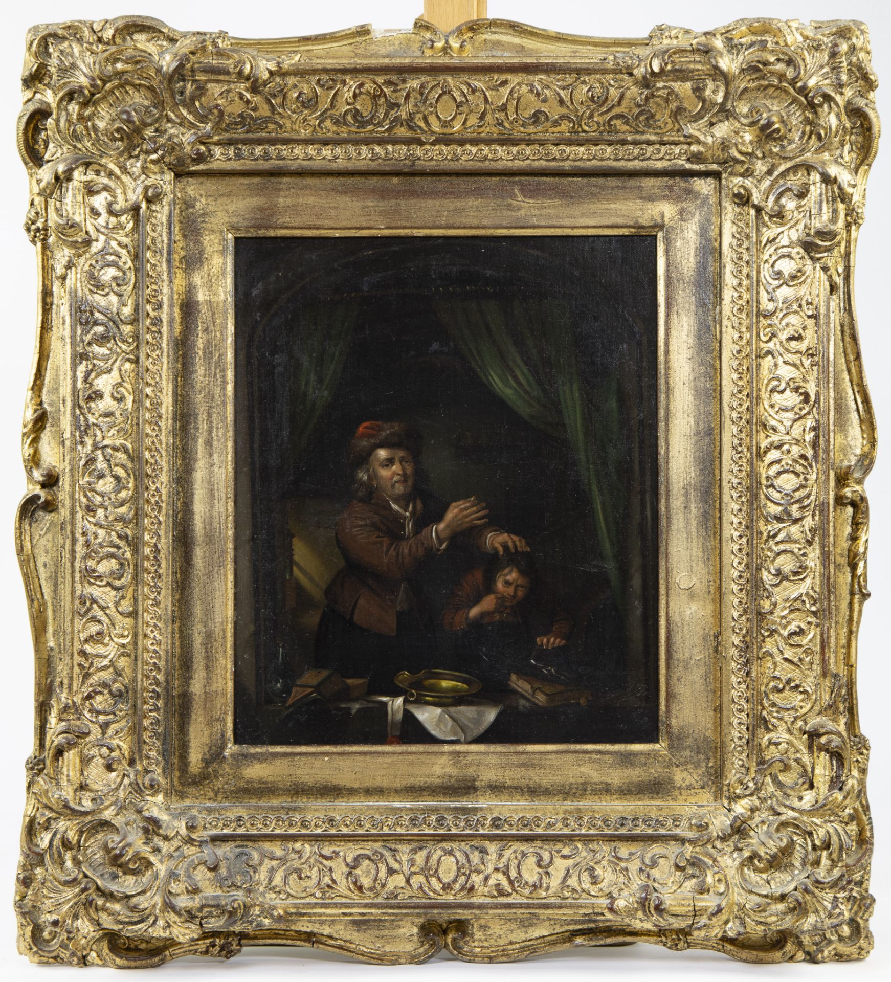 19th century oil on canvas At the dentist, after 17th century example, in original frame - Bild 2 aus 5