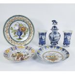 Collection Delftware, 3 polychrome plates 18th century and 3 vases blue white from a garniture set