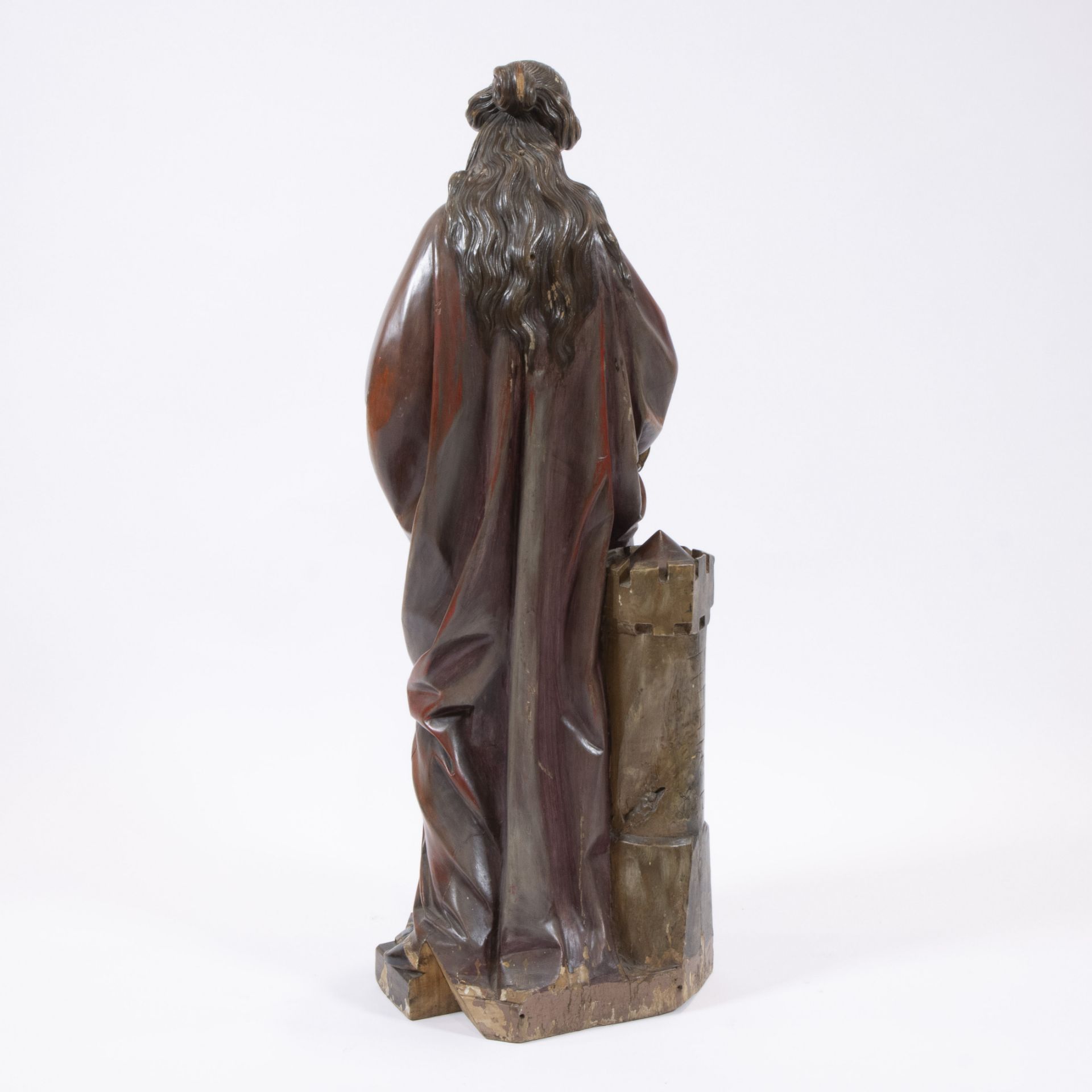 Beautiful full-round carved saint statue with intact polychromy of St Barbara, 19th century - Image 3 of 4