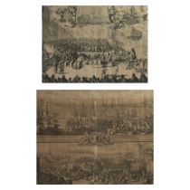 2 antique engravings 'het Hoog en Lager Huys van Engelandt' en 'Vertrek en Aankomst van Orangie in E