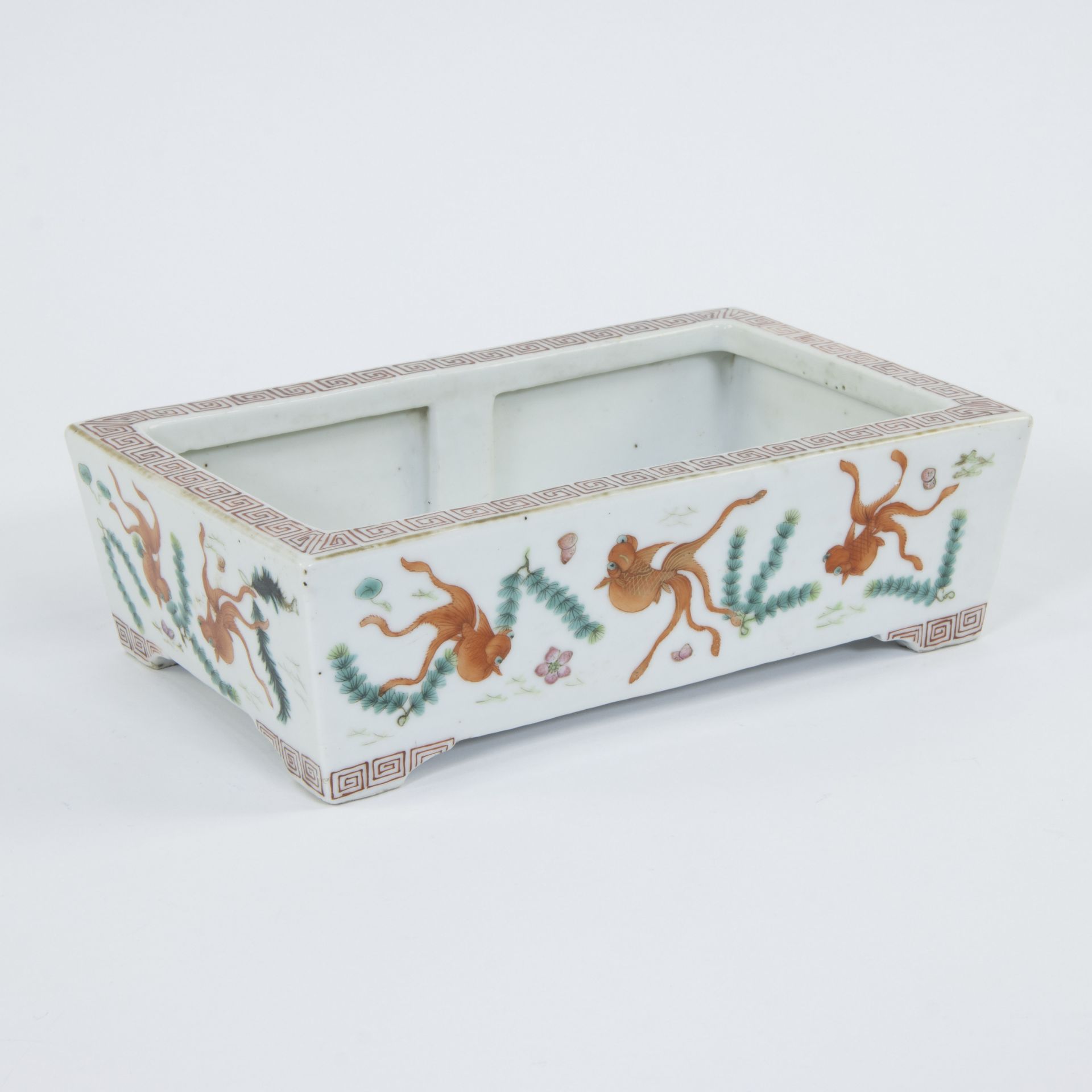 A Chinese porcelain polychrome rectangular bowl famille rose with decor of fable fish