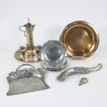 Collection of Art Nouveau objects with typical whipping motif, sweeping tin with brush, 2 bowls, cof