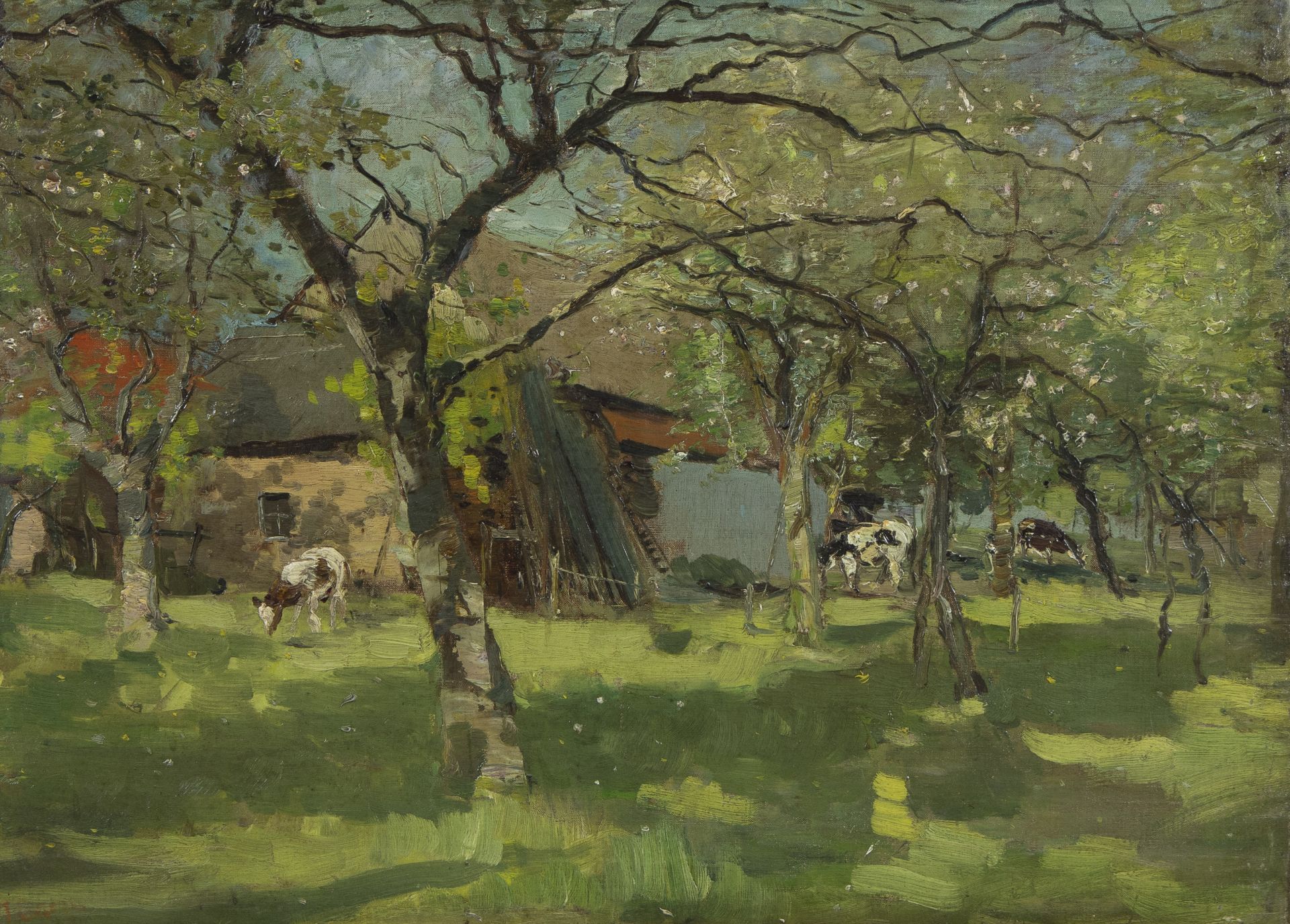 oil on canvas Cows in the orchard, signed