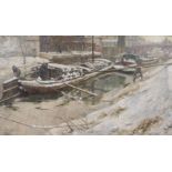 Ferdinand WILLAERT (1861-1938), oil on canvas clearing snow from barge, signed