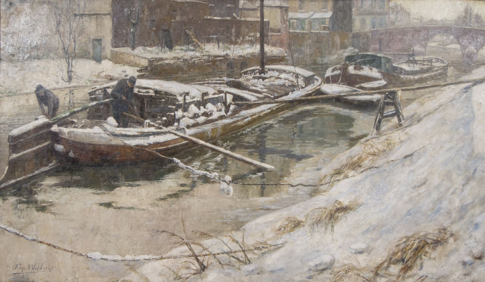 Ferdinand WILLAERT (1861-1938), oil on canvas clearing snow from barge, signed