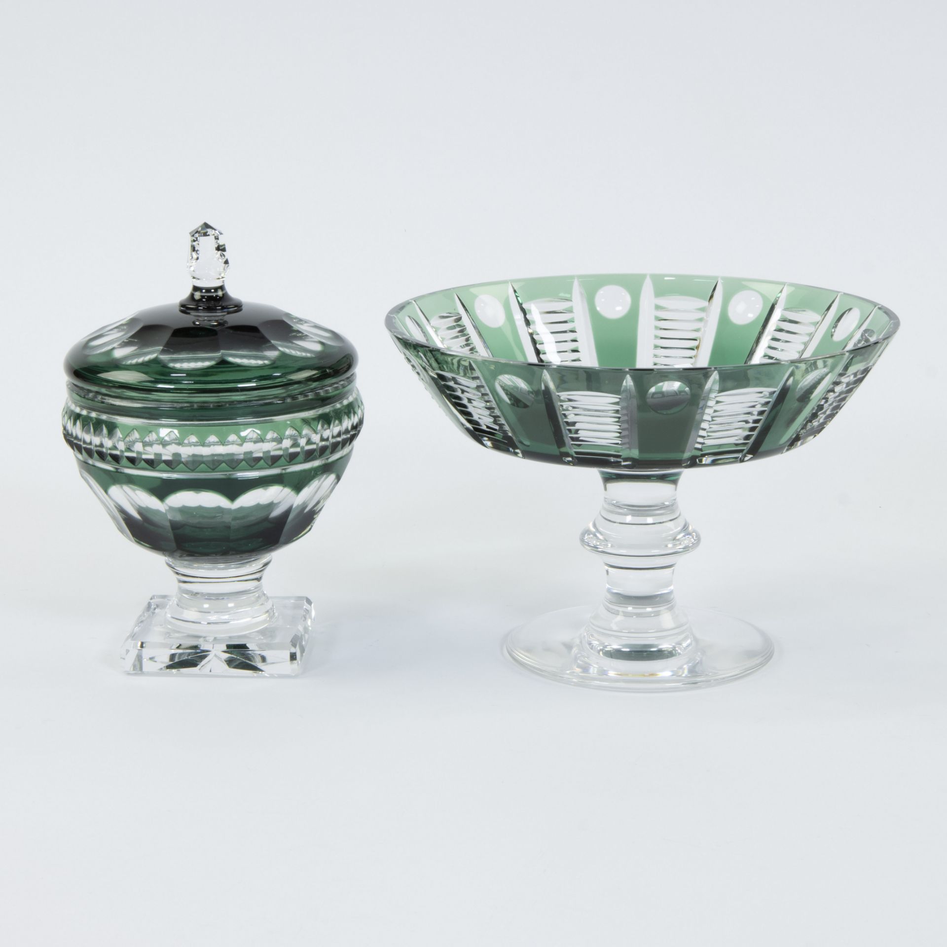 Val Saint Lambert lidded coupe and bowl on foot in green and clear cut crystal - Bild 4 aus 6