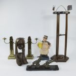 Lot of Art Deco items, pair of candlesticks in brass, cigarette stand, 2 stained-glass windows, poly