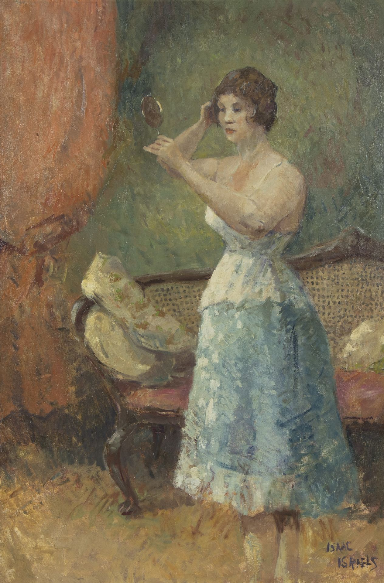 Oil on canvas Lady with make-up mirror, signed Isaac ISRAELS