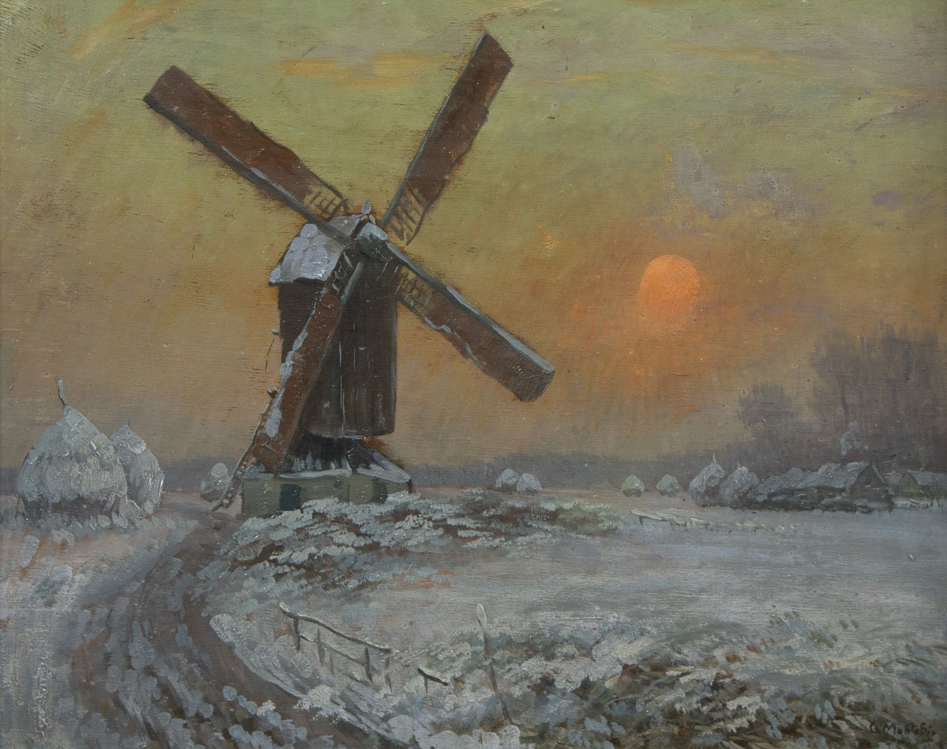 Guillaume MONTOBIO (1883-1962), oil on panel Mill in snow, signed