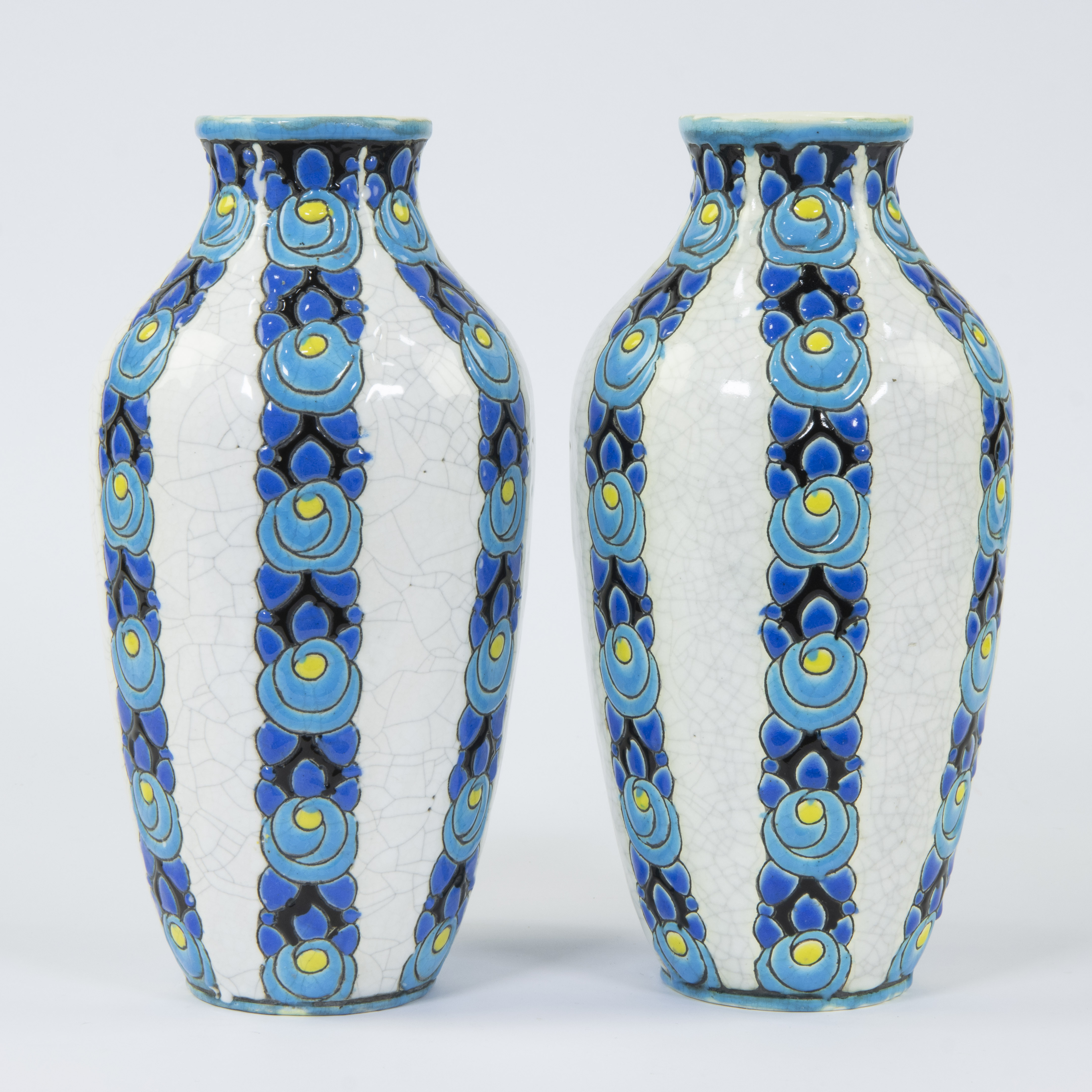 A pair of Boch Keramis Art Deco vases with polychrome floral 'Rosette' decor and crackle glaze, D704 - Image 3 of 5