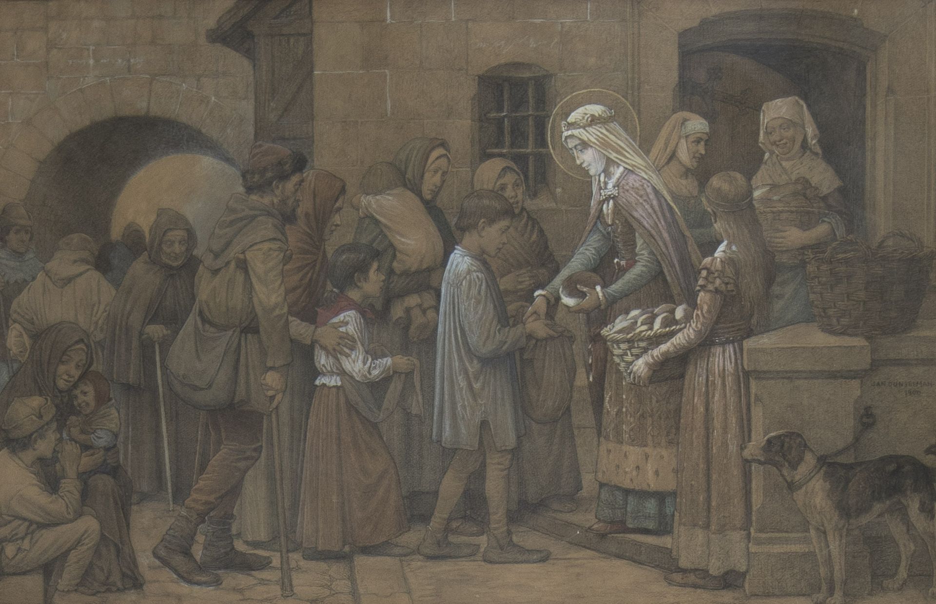 Jan DUNSELMAN (1863-1931), signed The distribution of bread, drawn and dated 1900