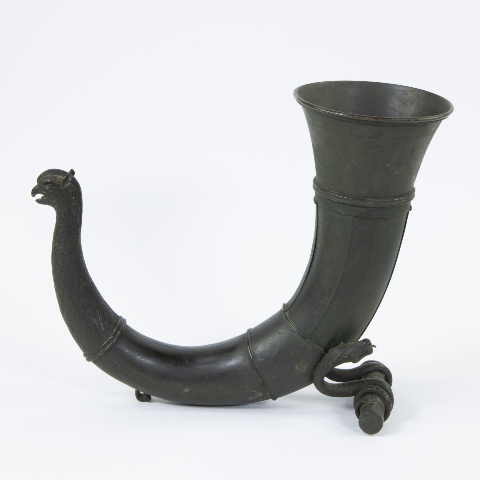 Danish bronze horn cup with snake feet, 19th century copy after 14th century model - Image 3 of 4