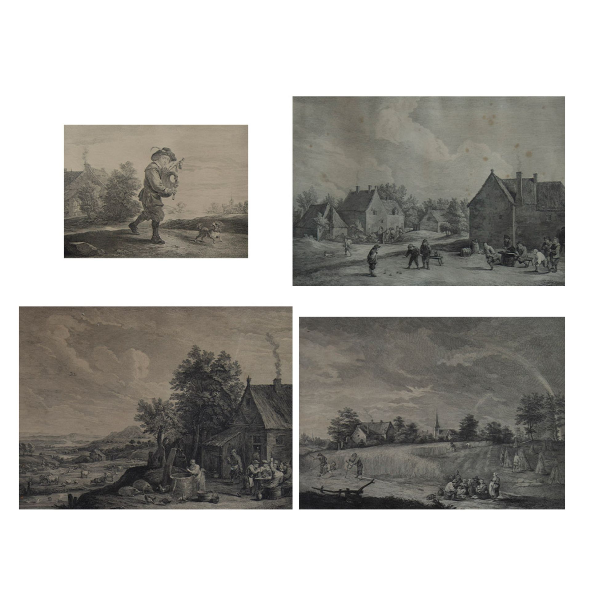 4 engravings after David Teniers, 'Le joueur de cornemuse' and 'Vue de Flandre' (3) by Jacques Firmi