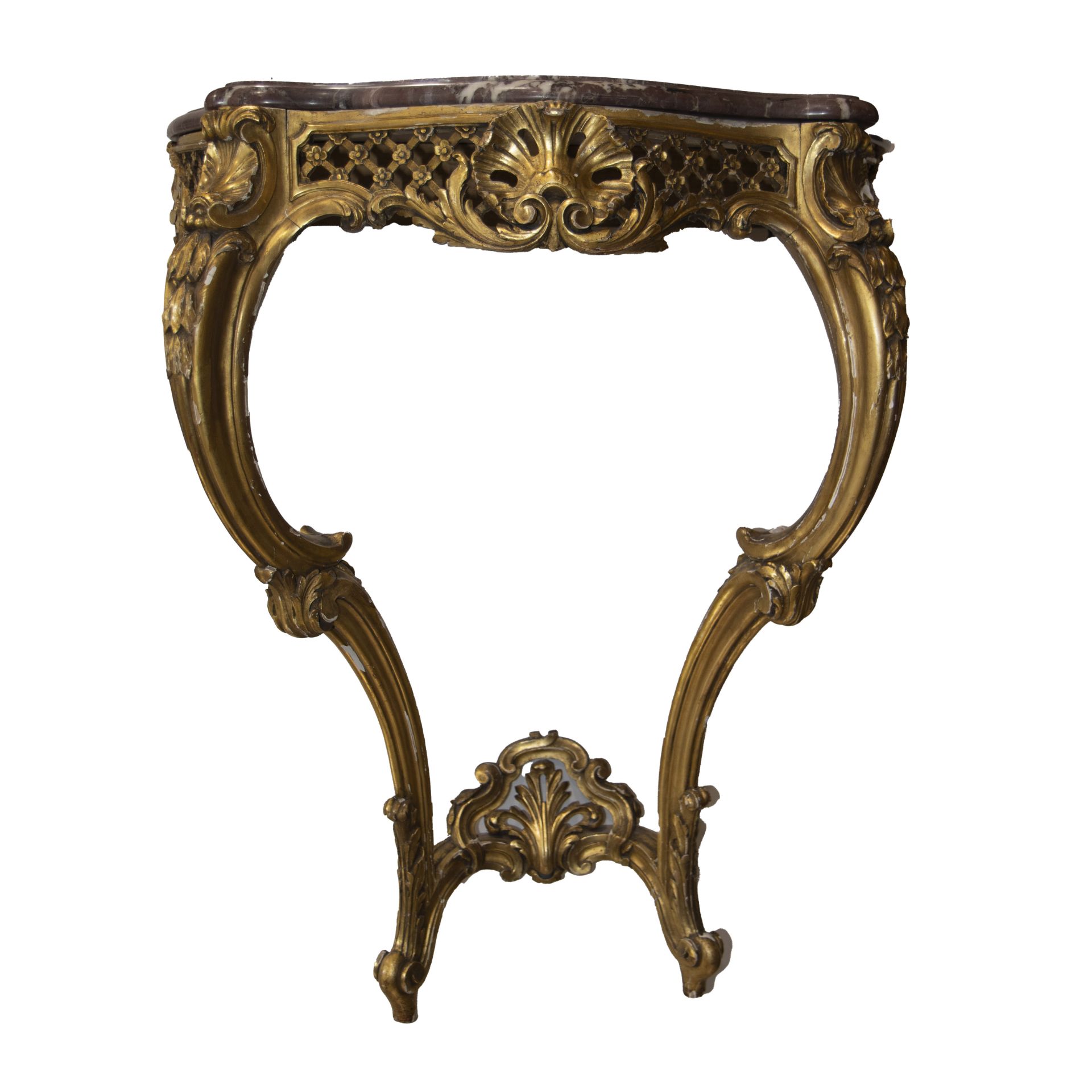 Gilded wood wall console with marble top console