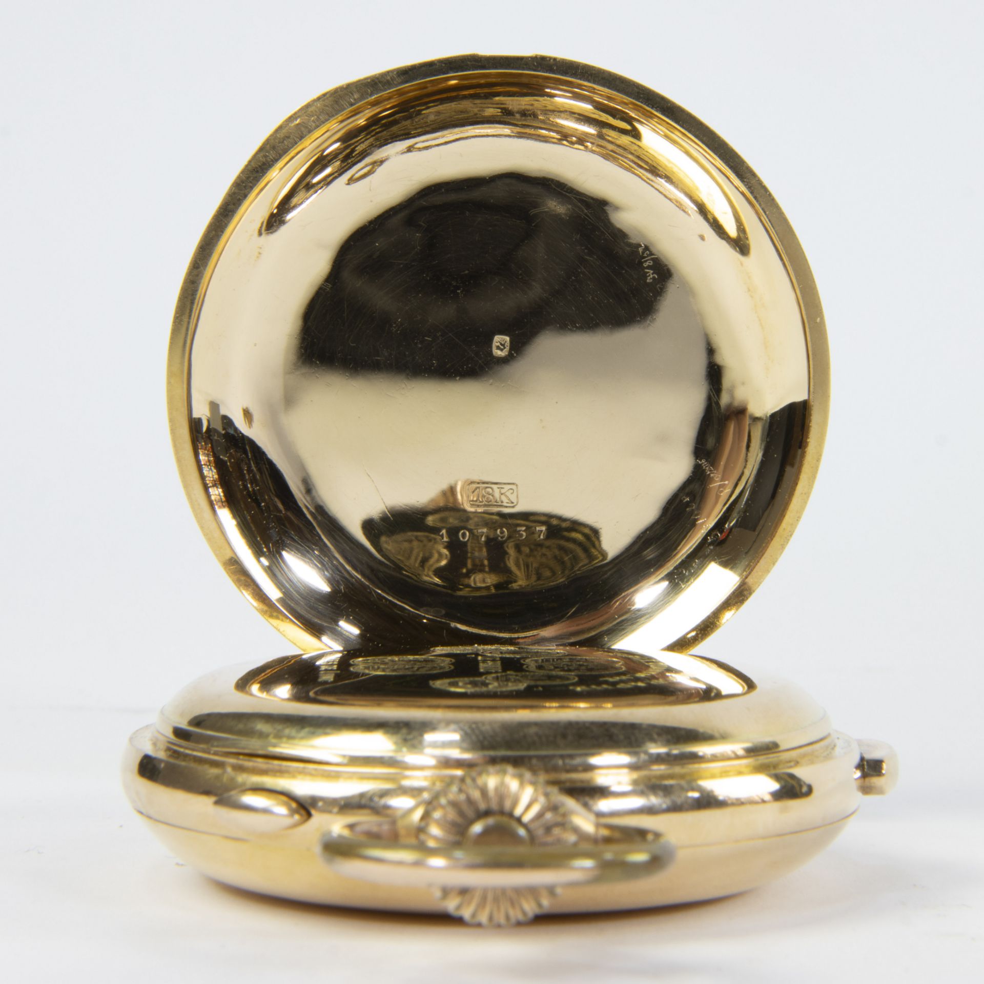 Gold pocket watch 'Le Phare' with golden chain (18 ct), 25 grams, Chronographe répétition, ca 1890 - Image 3 of 4