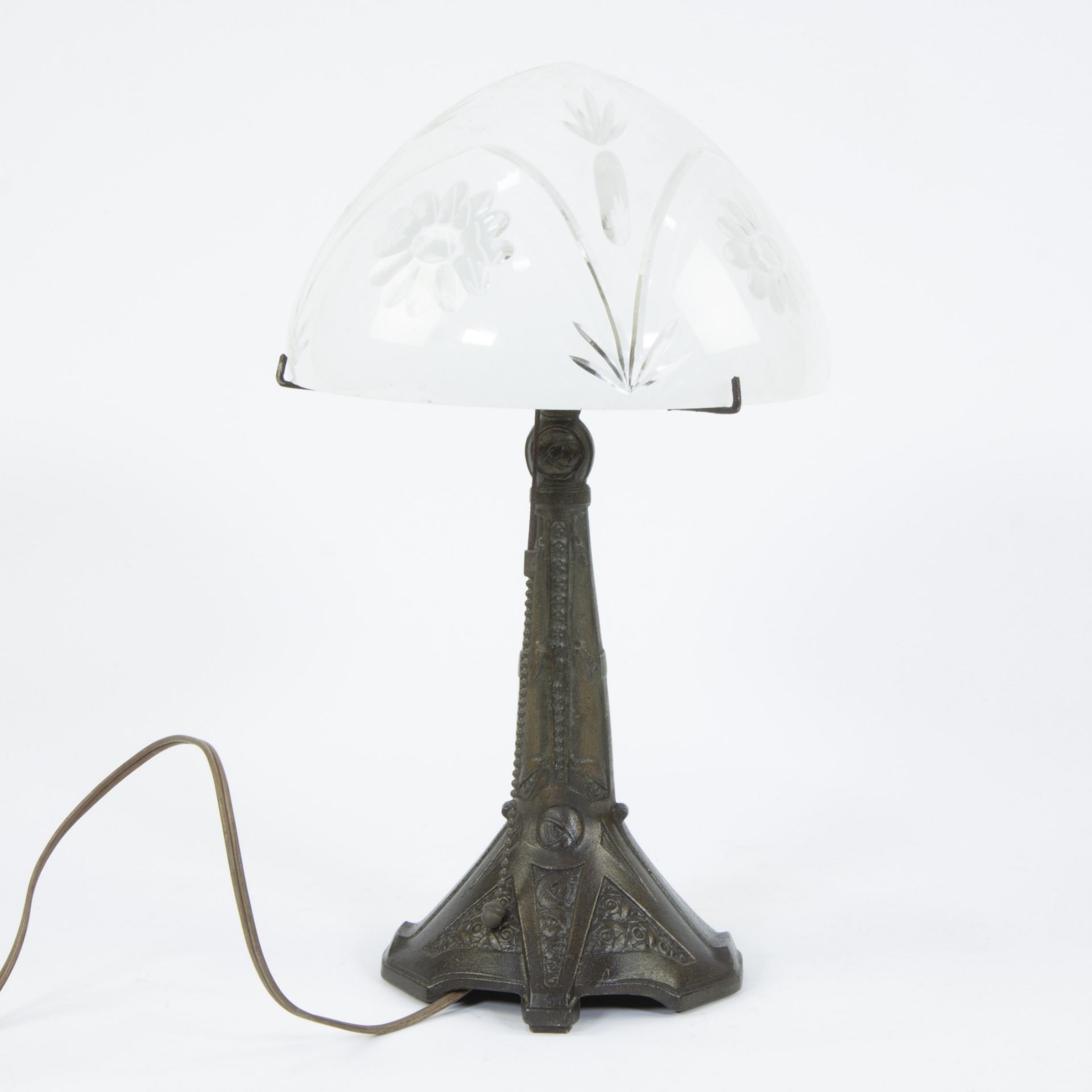 Art Deco mushroom lamp with bronze base and glass shade - Image 2 of 4