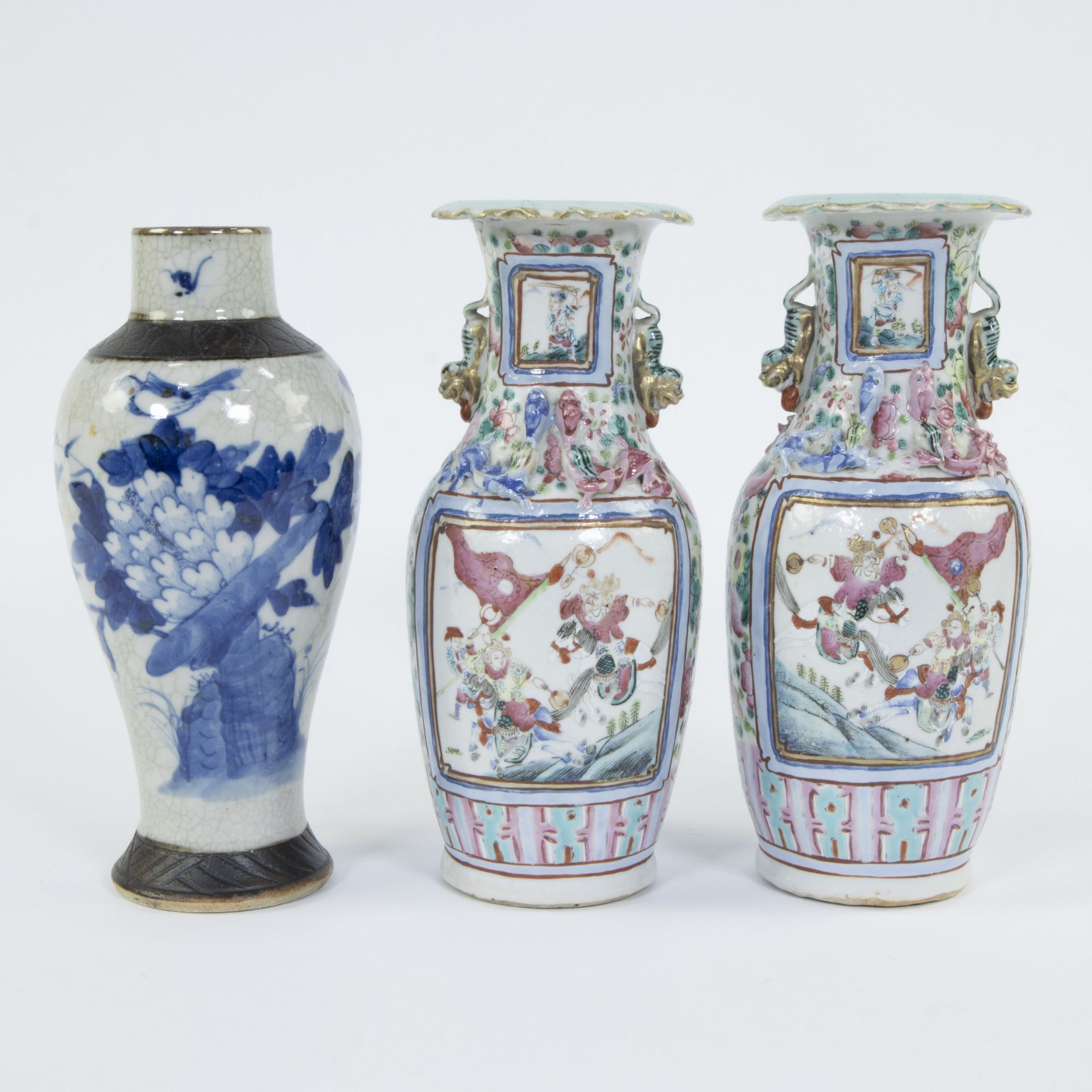 2 Chinese famille rose baluster vases and a Nankin vase
