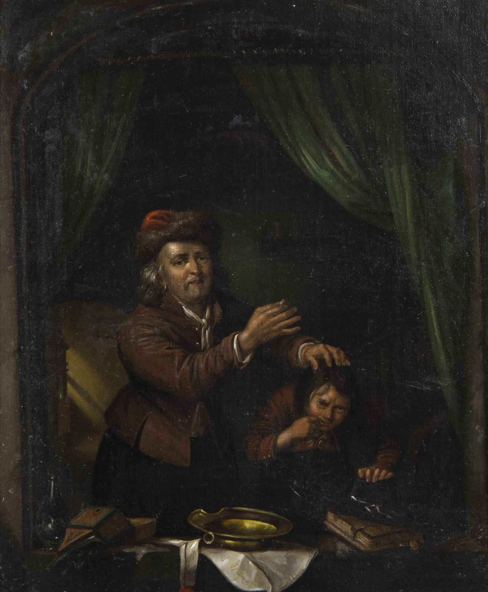 19th century oil on canvas At the dentist, after 17th century example, in original frame