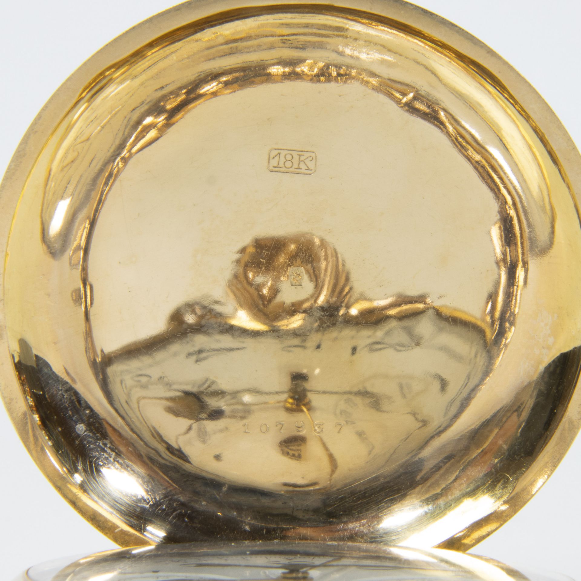 Gold pocket watch 'Le Phare' with golden chain (18 ct), 25 grams, Chronographe répétition, ca 1890 - Image 4 of 4