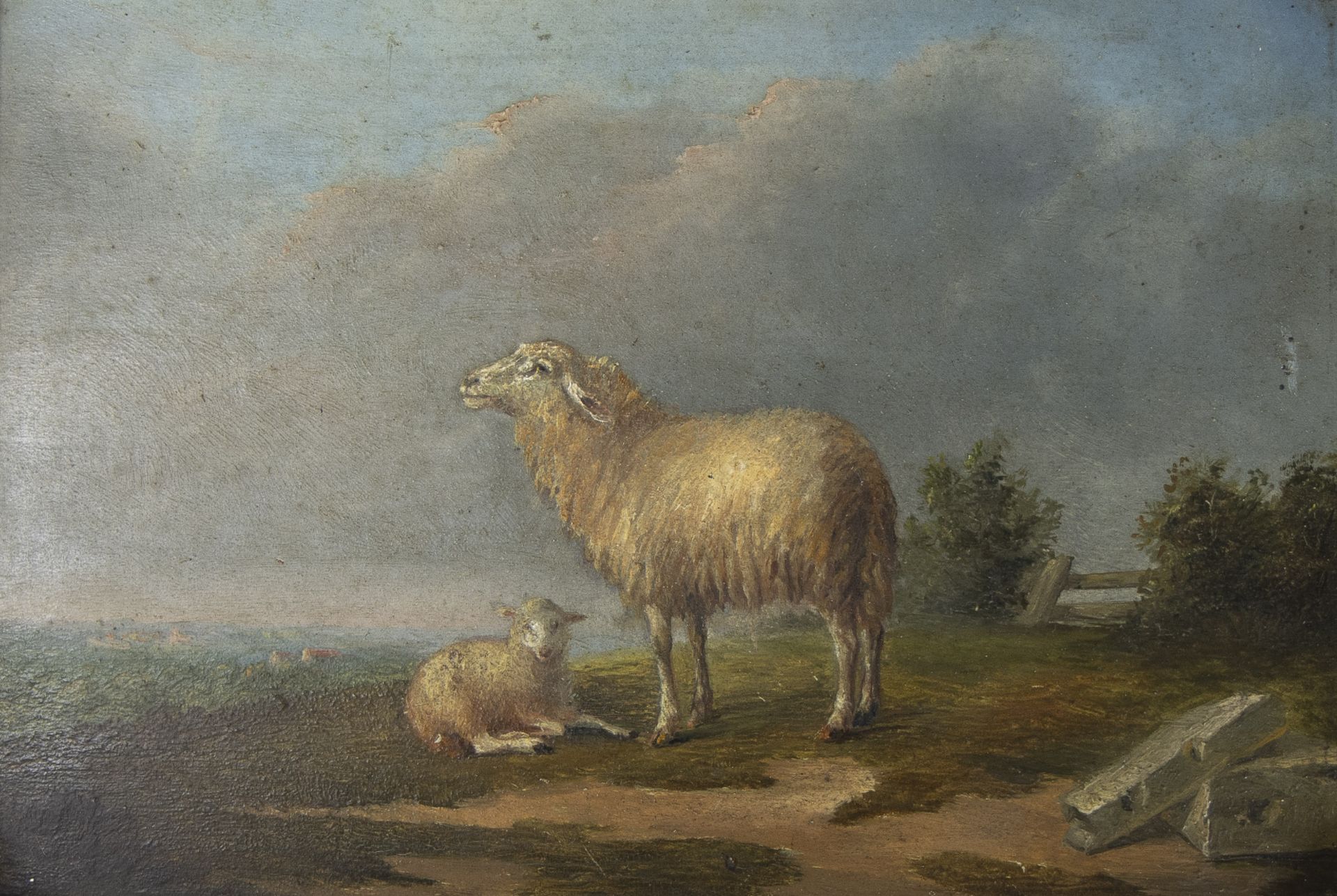 Lot of 2 19th century works, oil on panel Sheep in landscape - Image 7 of 7