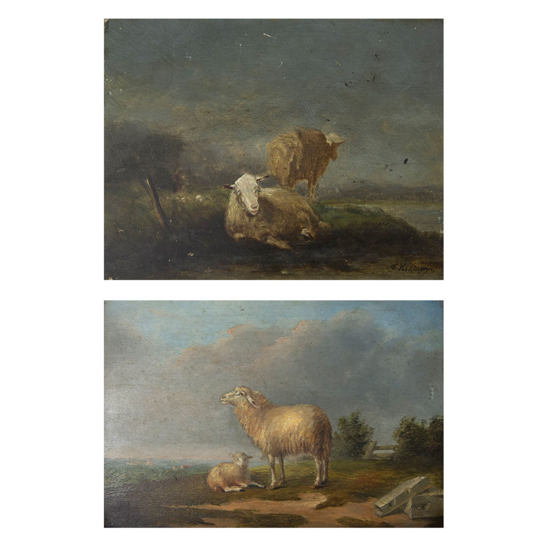 Lot of 2 19th century works, oil on panel Sheep in landscape