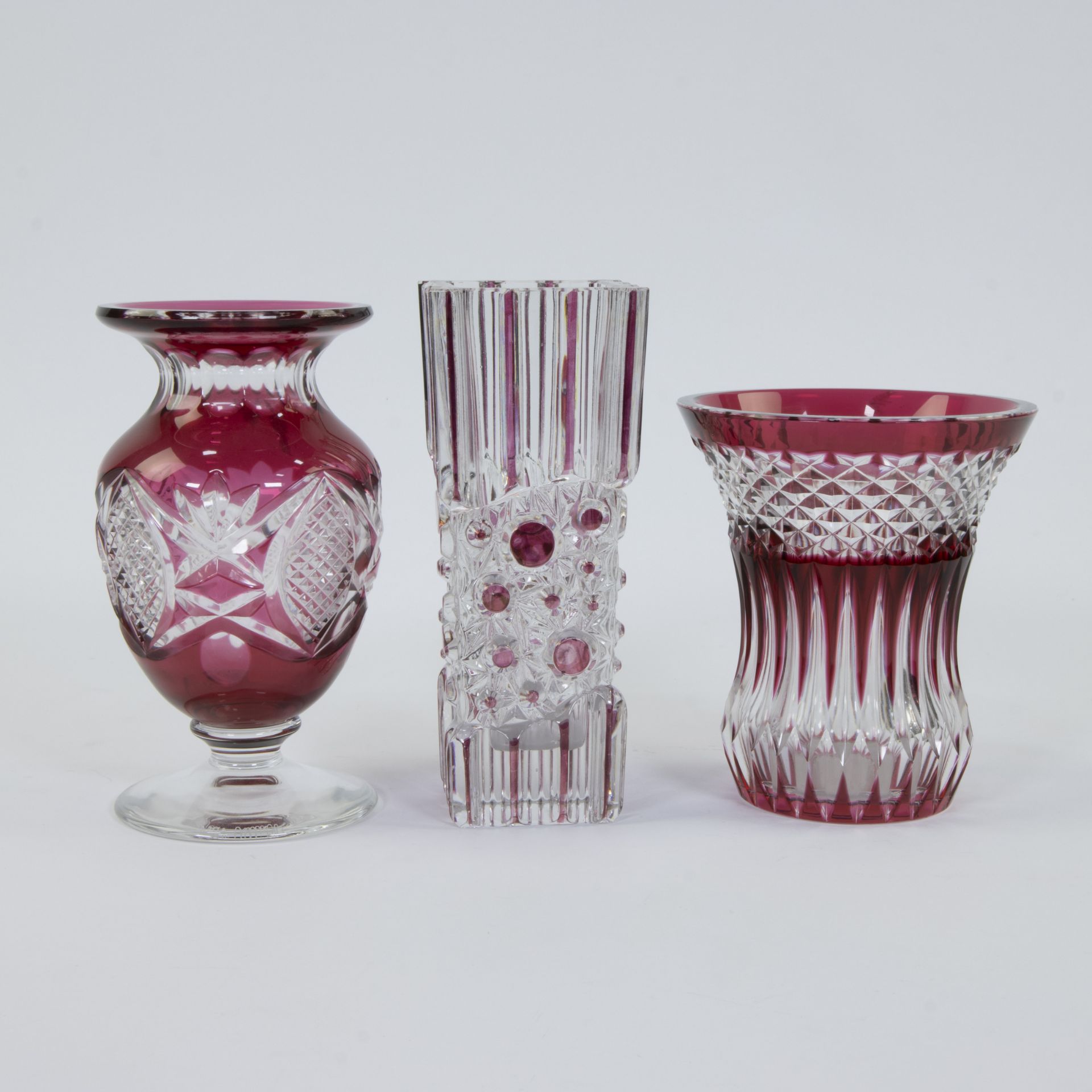Val Saint Lambert a set of 3 red and clear cut crystal vases