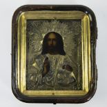 Russian icon depicting Christ with a silvered and gilded rizza in a wooden box, 19th century