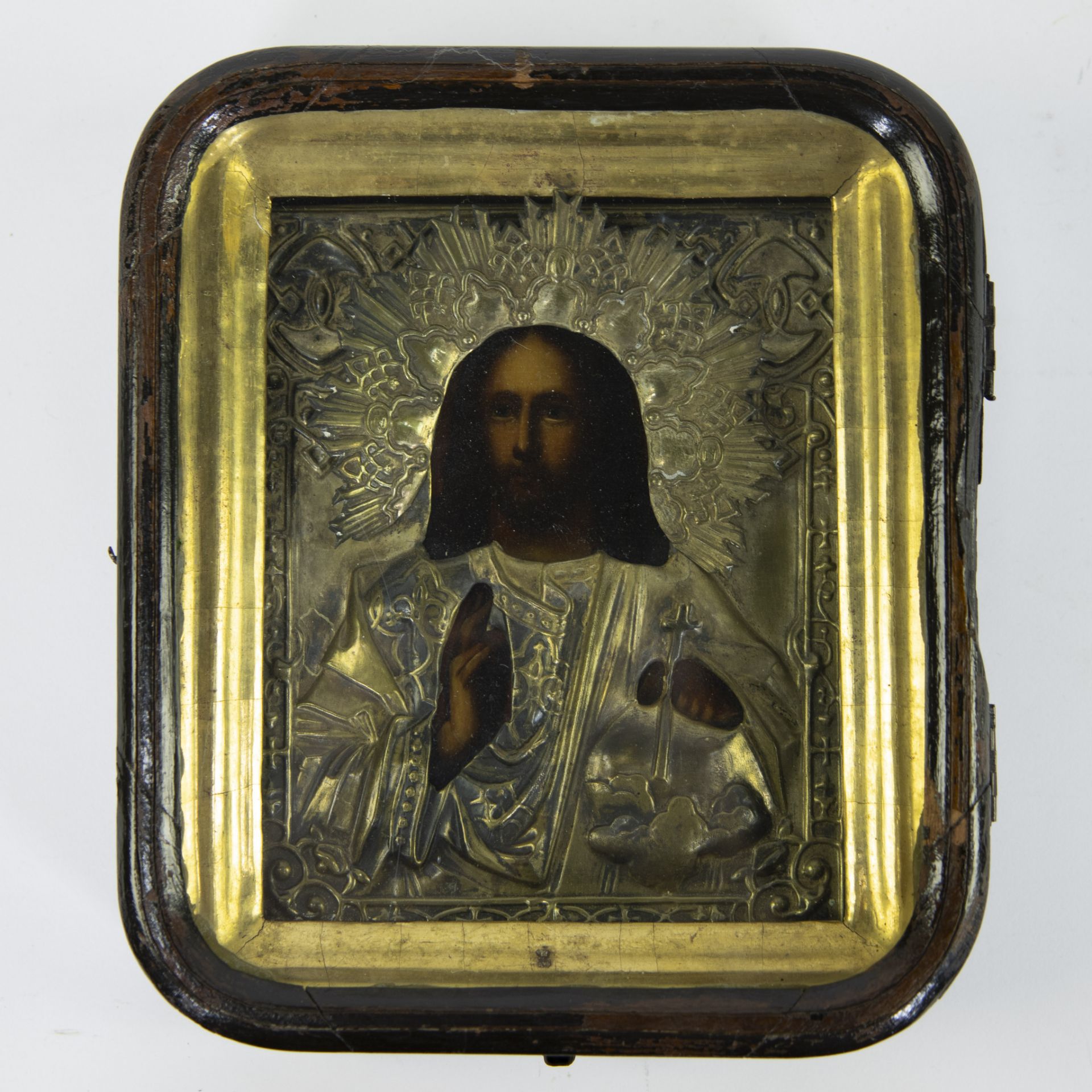 Russian icon depicting Christ with a silvered and gilded rizza in a wooden box, 19th century