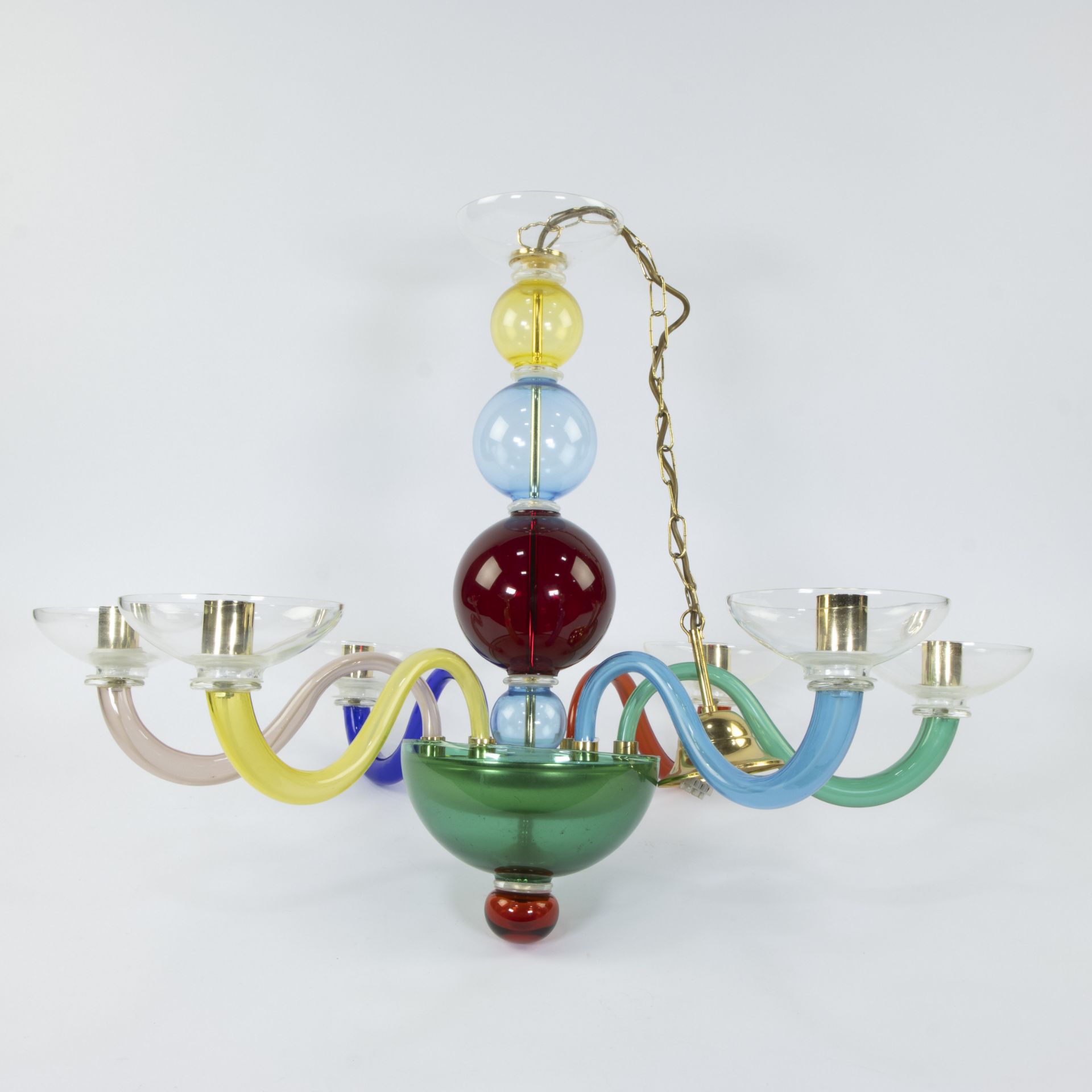 Chandelier with 6 arms after Gio Ponti, in transparent polychrome blown glass, 1980s - Image 2 of 4