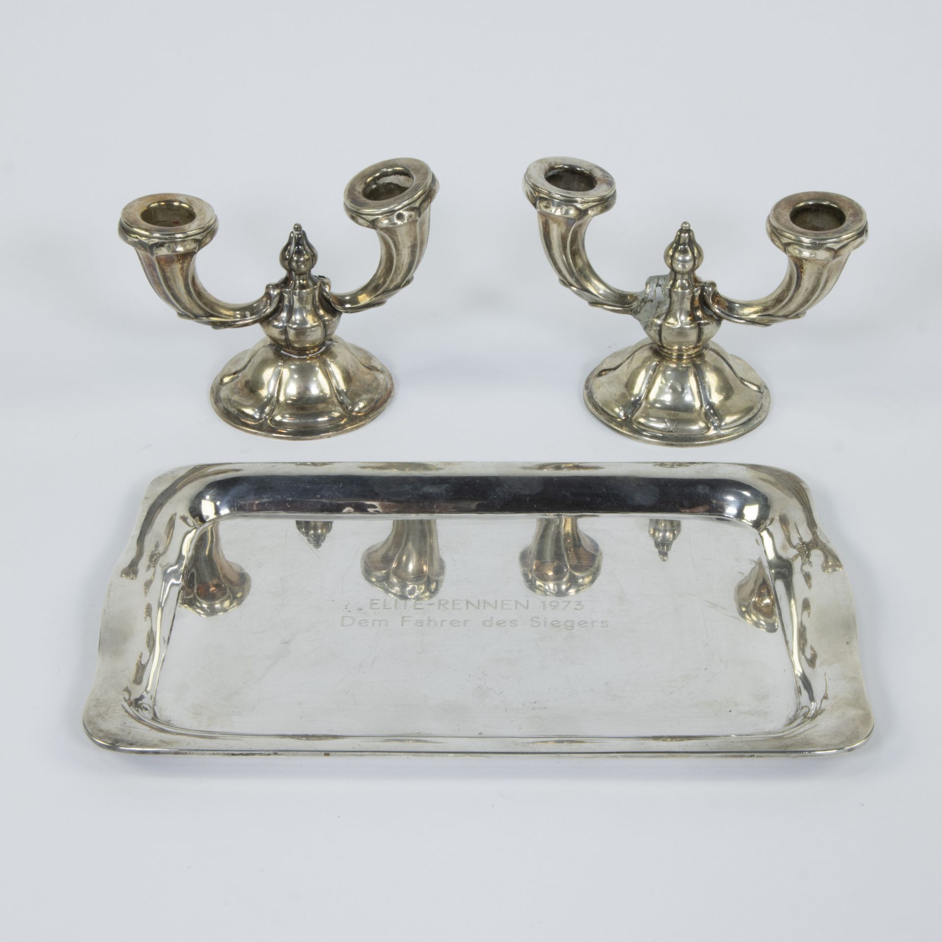 Silver lot, tray (Elite racing 1973) silver 925 and pair of candlesticks silver 830