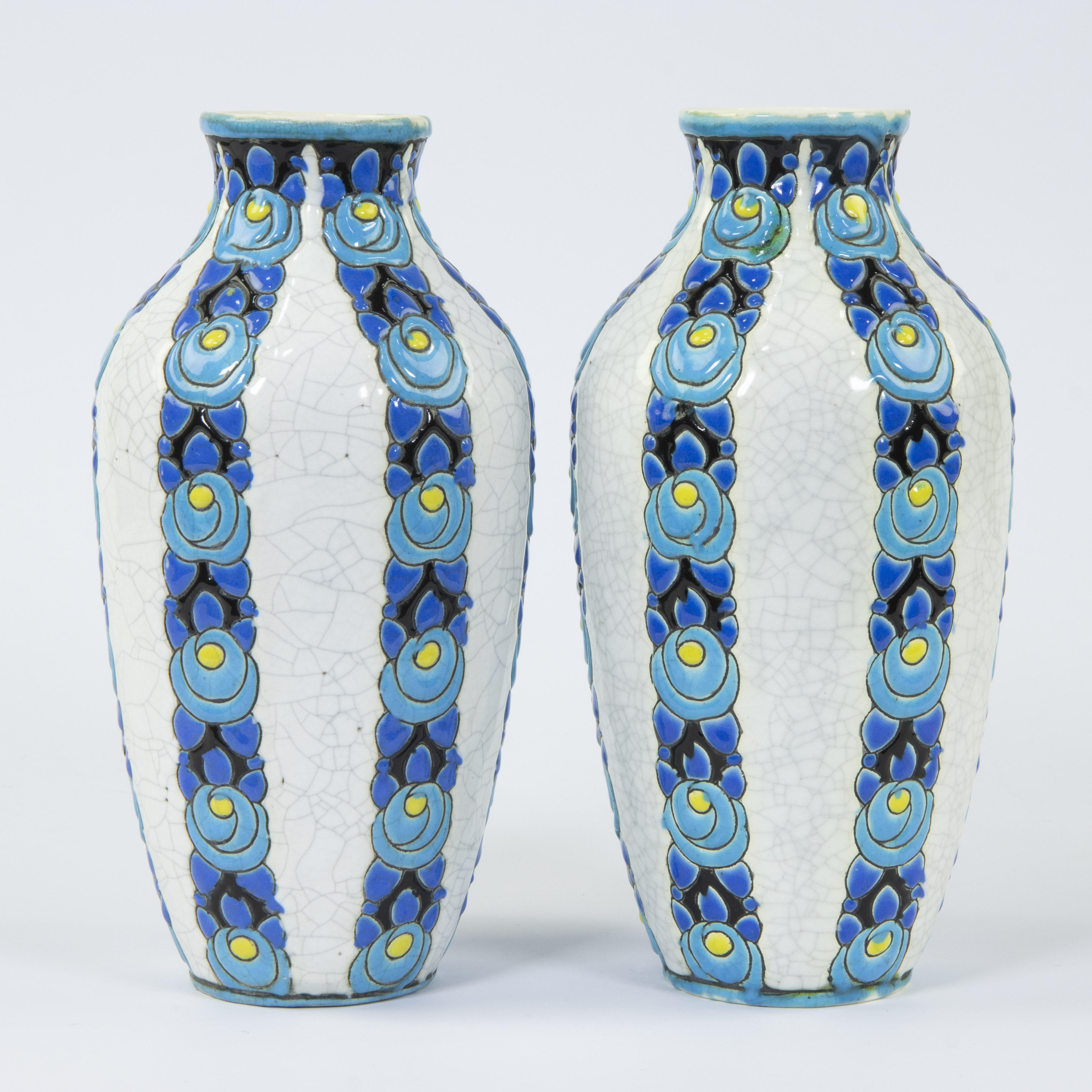 A pair of Boch Keramis Art Deco vases with polychrome floral 'Rosette' decor and crackle glaze, D704 - Image 4 of 5