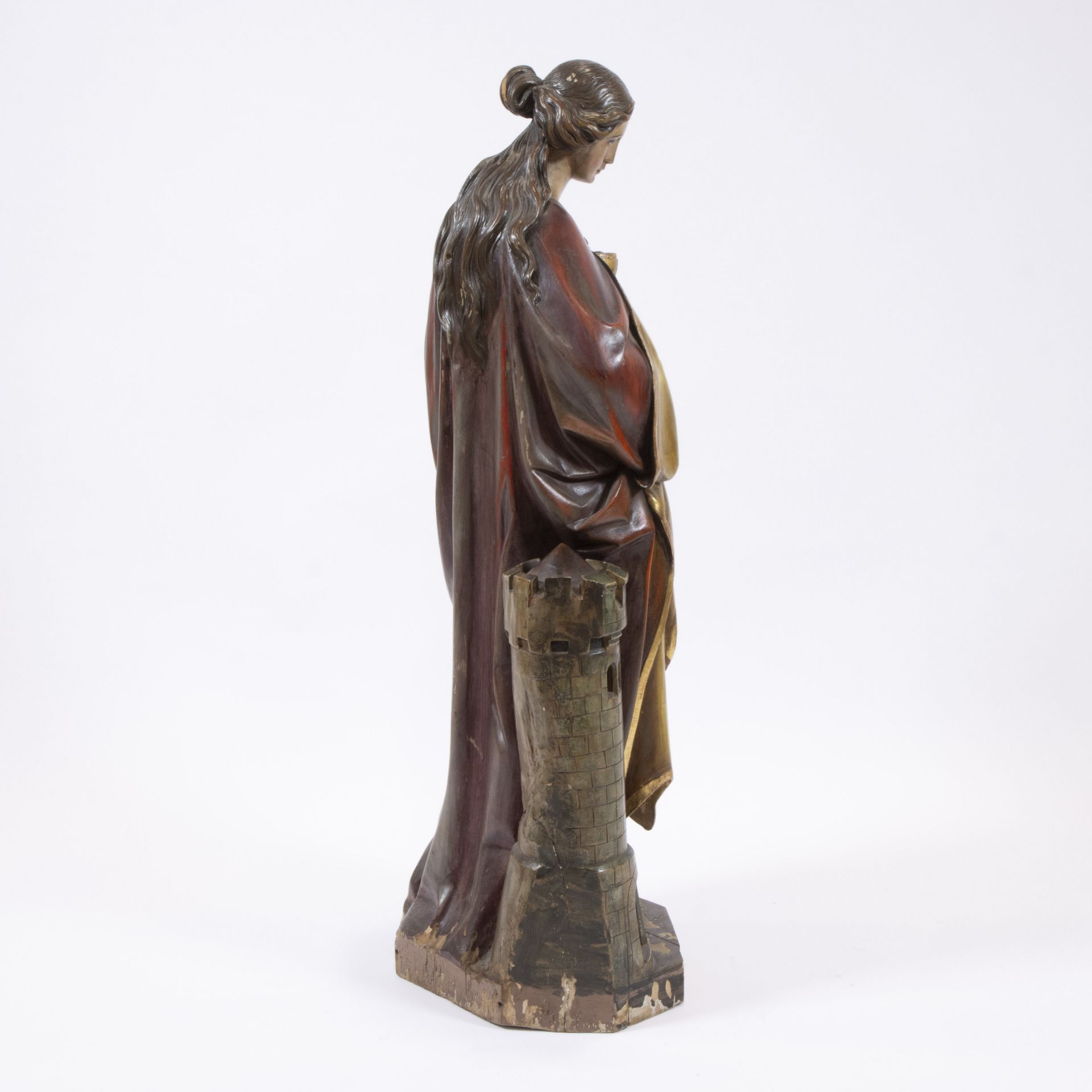 Beautiful full-round carved saint statue with intact polychromy of St Barbara, 19th century - Image 4 of 4